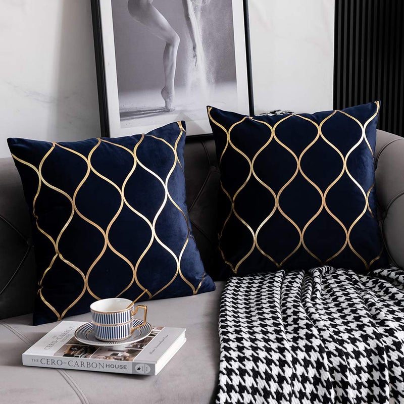 DEZENE Gold Velvet Throw Pillow Covers Navy: 2 Pack 20x20 Inch Square Decorative Pillow Cases for Bedroom Sofa Couch Living Room - Image 3